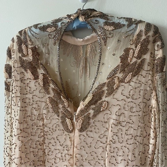 Vintage 70s Beaded Embroidered Sheer Long Sleeve Open Back Cocktail Party Dress - Picture 9 of 17